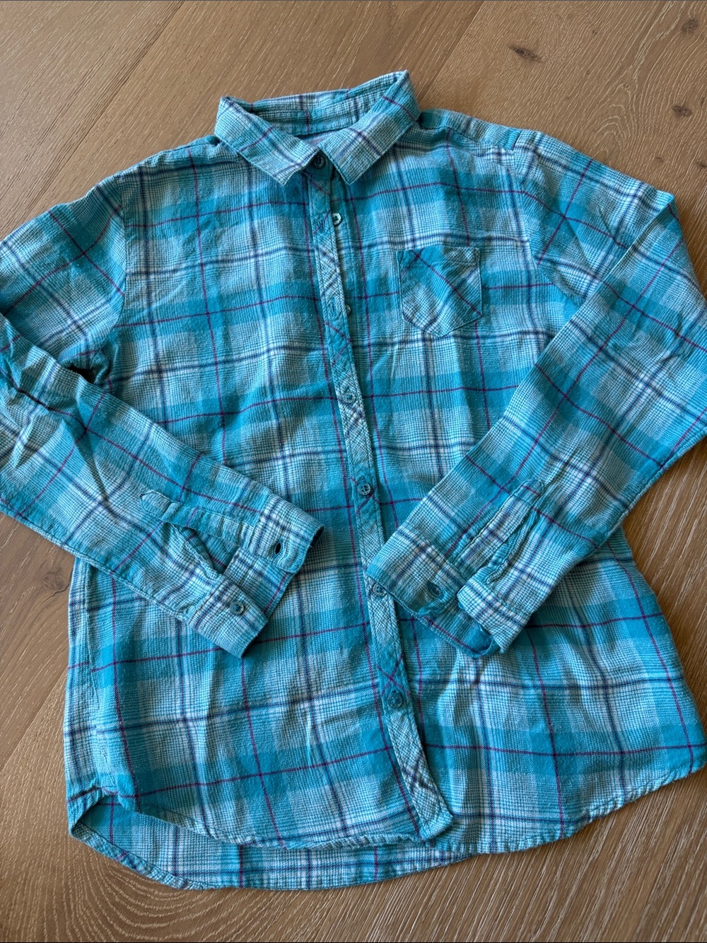 Faded Glory Turquoise Plaid Button-Down Shirt